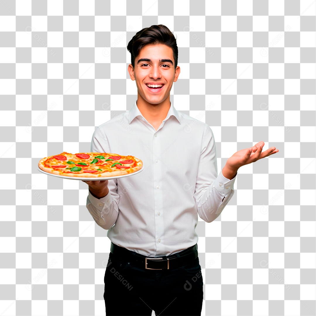 Garçom com Bandeja de Pizza PNG Transparente