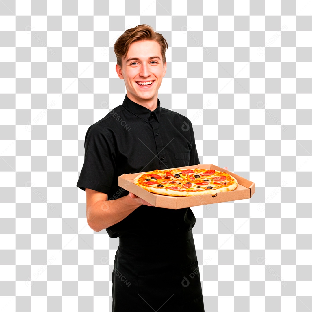 Garçom com Bandeja de Pizza PNG Transparente