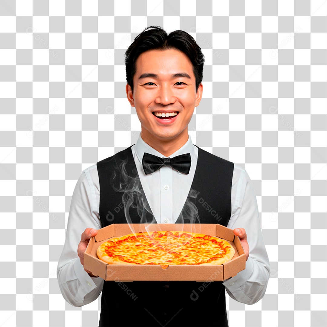 Garçom com Bandeja de Pizza PNG Transparente