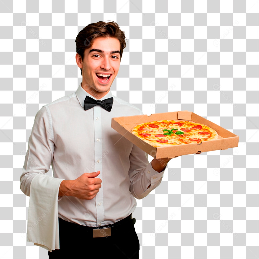 Garçom com Bandeja de Pizza PNG Transparente