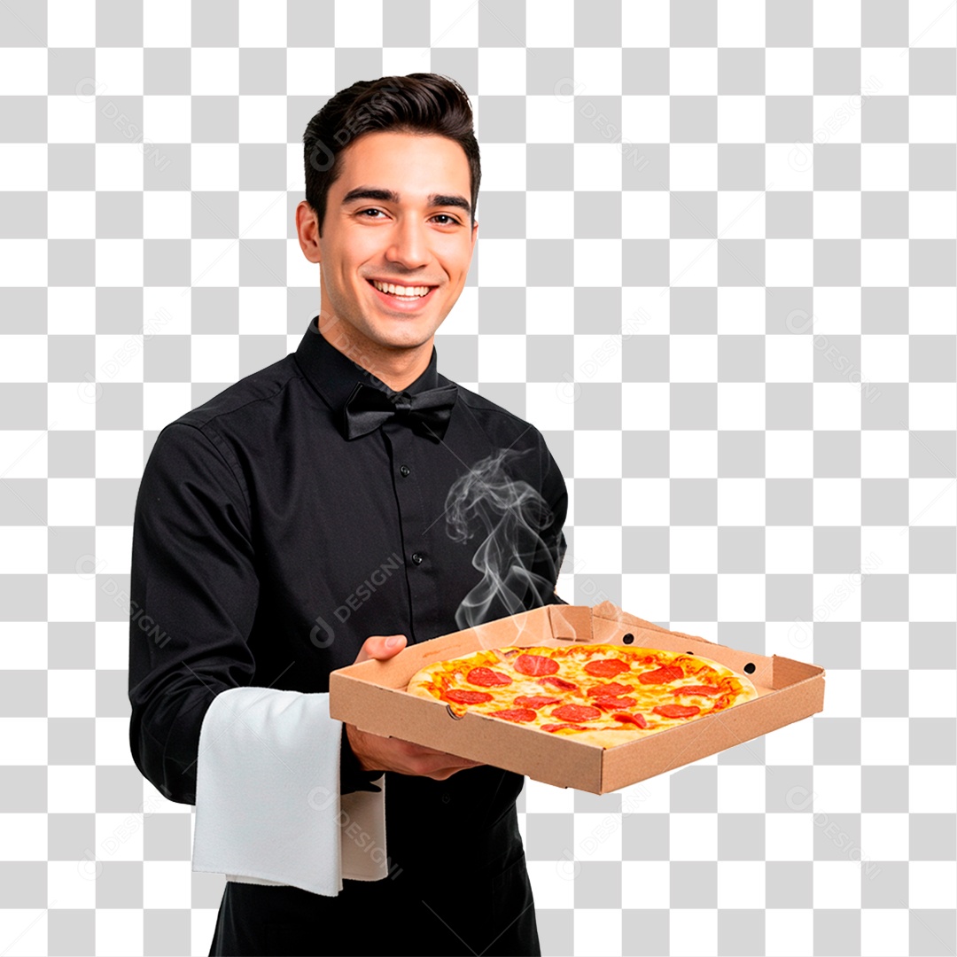 Garçom com Bandeja de Pizza PNG Transparente
