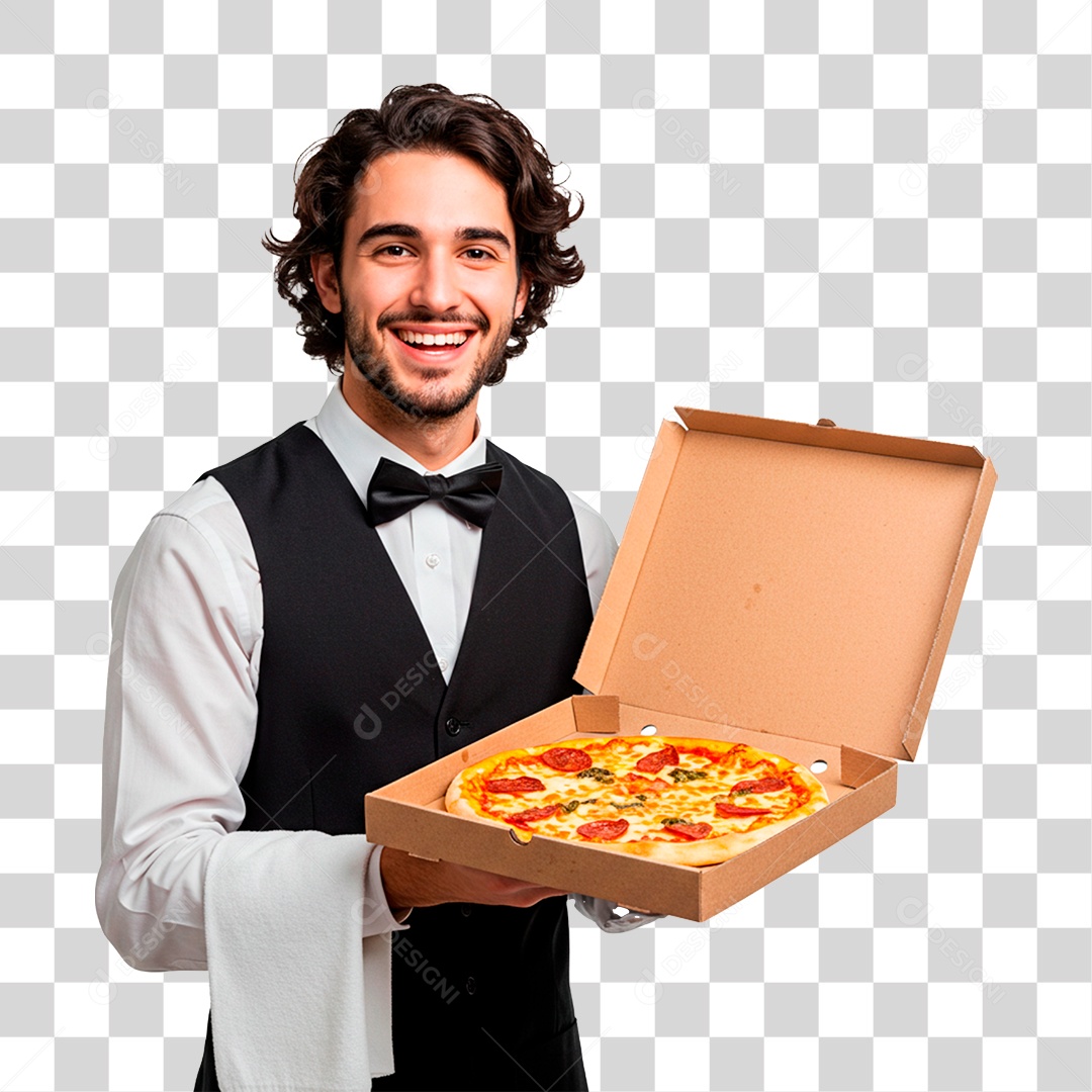 Garçom com Bandeja de Pizza PNG Transparente