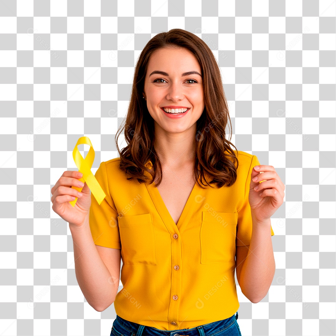 Mulher Segurando Fita Amarela PNG Transparente