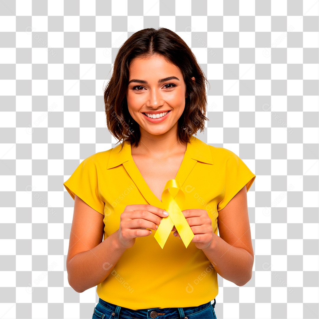 Mulher Segurando Fita Amarela PNG Transparente