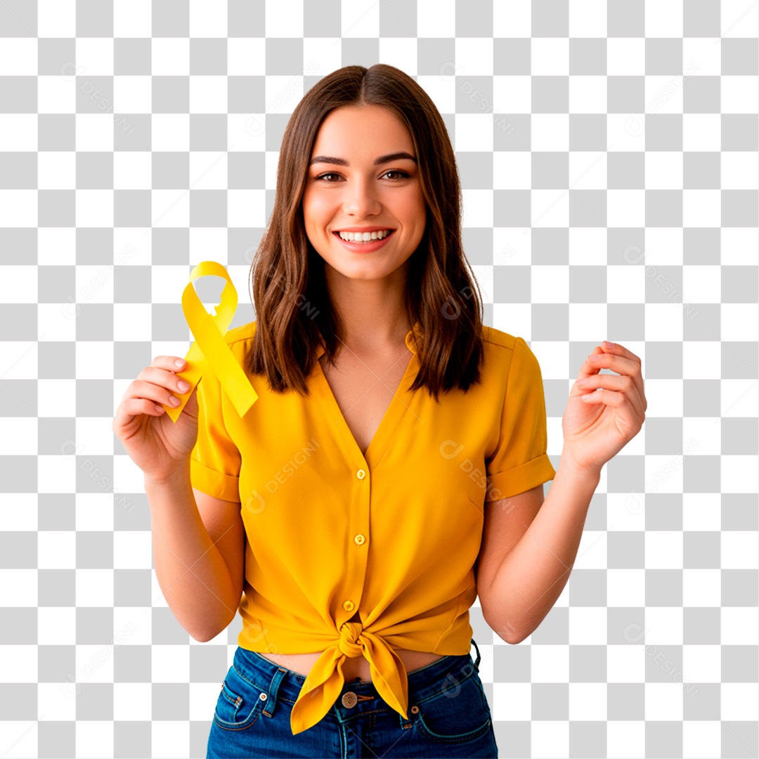 Mulher Segurando Fita Amarela PNG Transparente