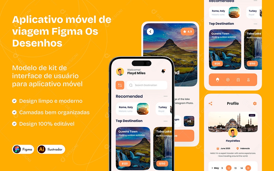 Design de Interface de Aplicativo de Viagem Figma Vetor EPS