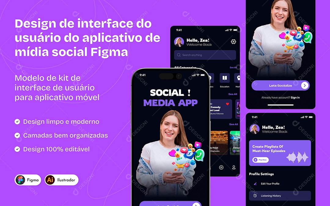 Design de Interface de Aplicativo de Mídia Social Figma Vetor EPS