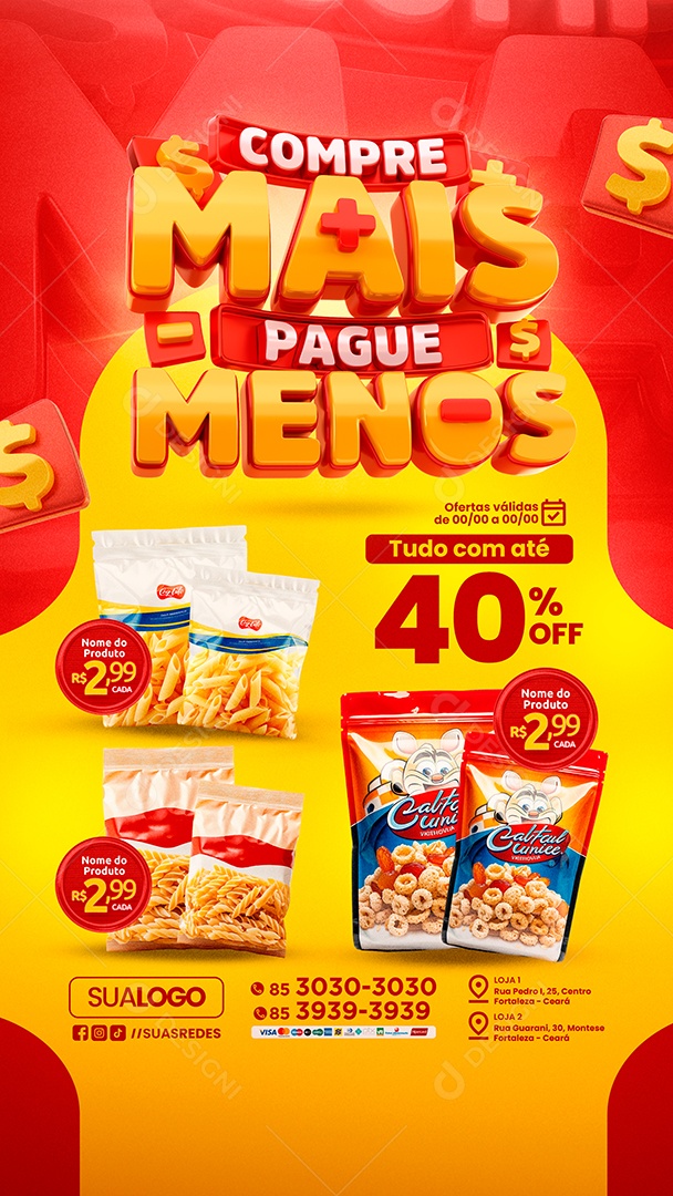 Storys Tabloide Supermercado Compre Mais Pague Menos Produtos Social Media PSD Editável