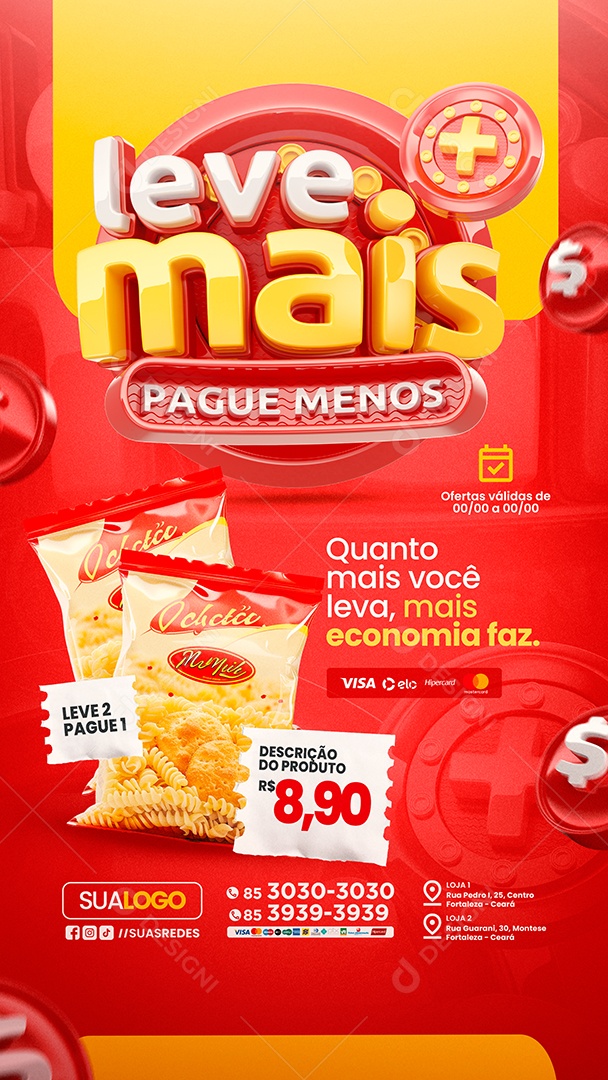 Storys Tabloide Supermercado Leve Mais Pague Menos Pacote de Macarrão Social Media PSD Editável