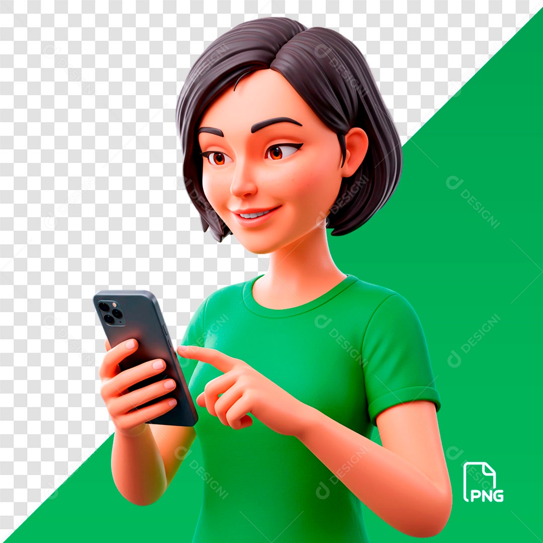 Mulher 3D Cabelos Curtos Usando Celular PSD