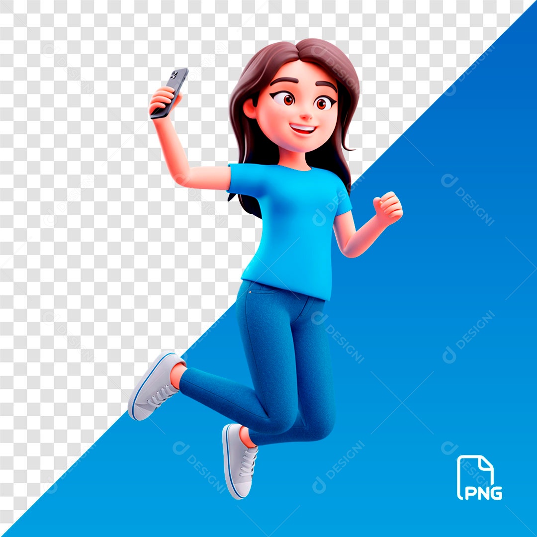 Mulher 3D Pulando Segurando um Celular PSD