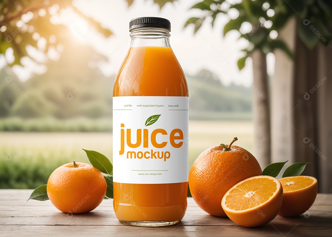 Mockup Garrafa de Vidro Com Suco de Laranja PSD Editável