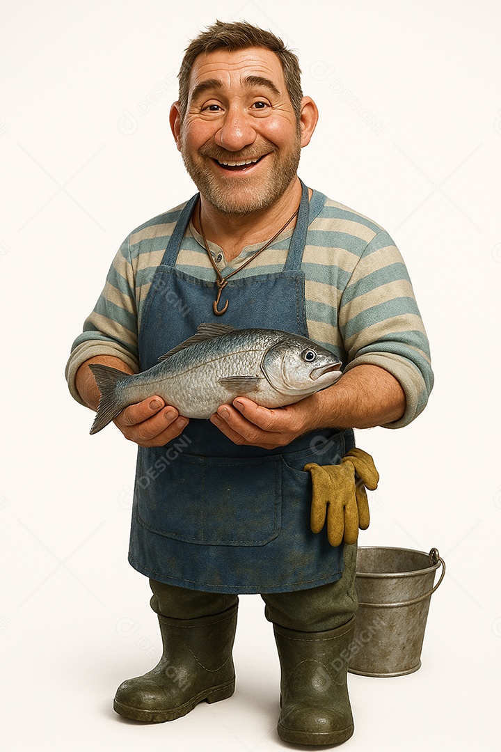 Retrato de pescador feliz com avental azul com fundo branco