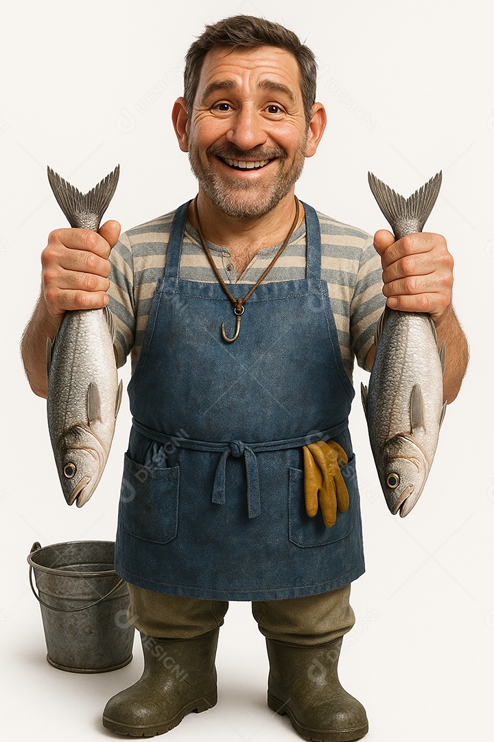 Retrato de pescador feliz com avental azul com fundo branco