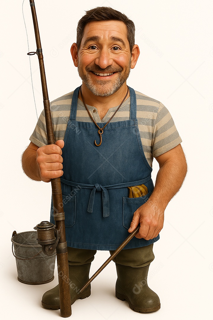 Retrato de pescador feliz com avental azul com fundo branco
