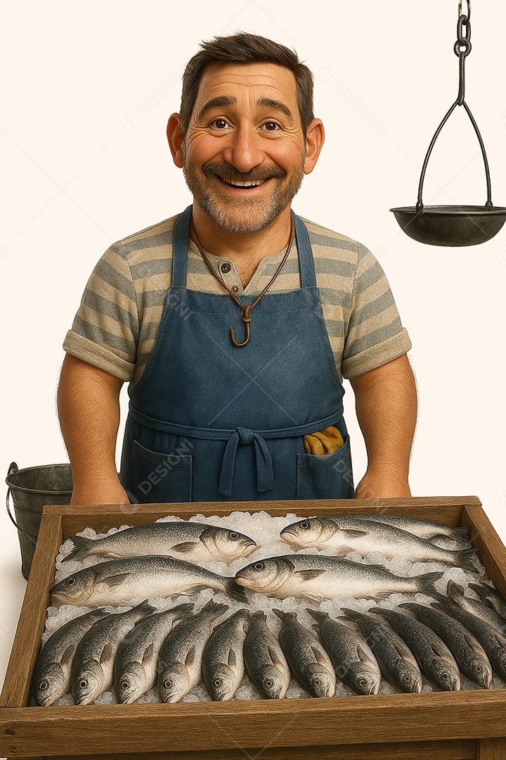 Retrato de pescador feliz com avental azul com fundo branco