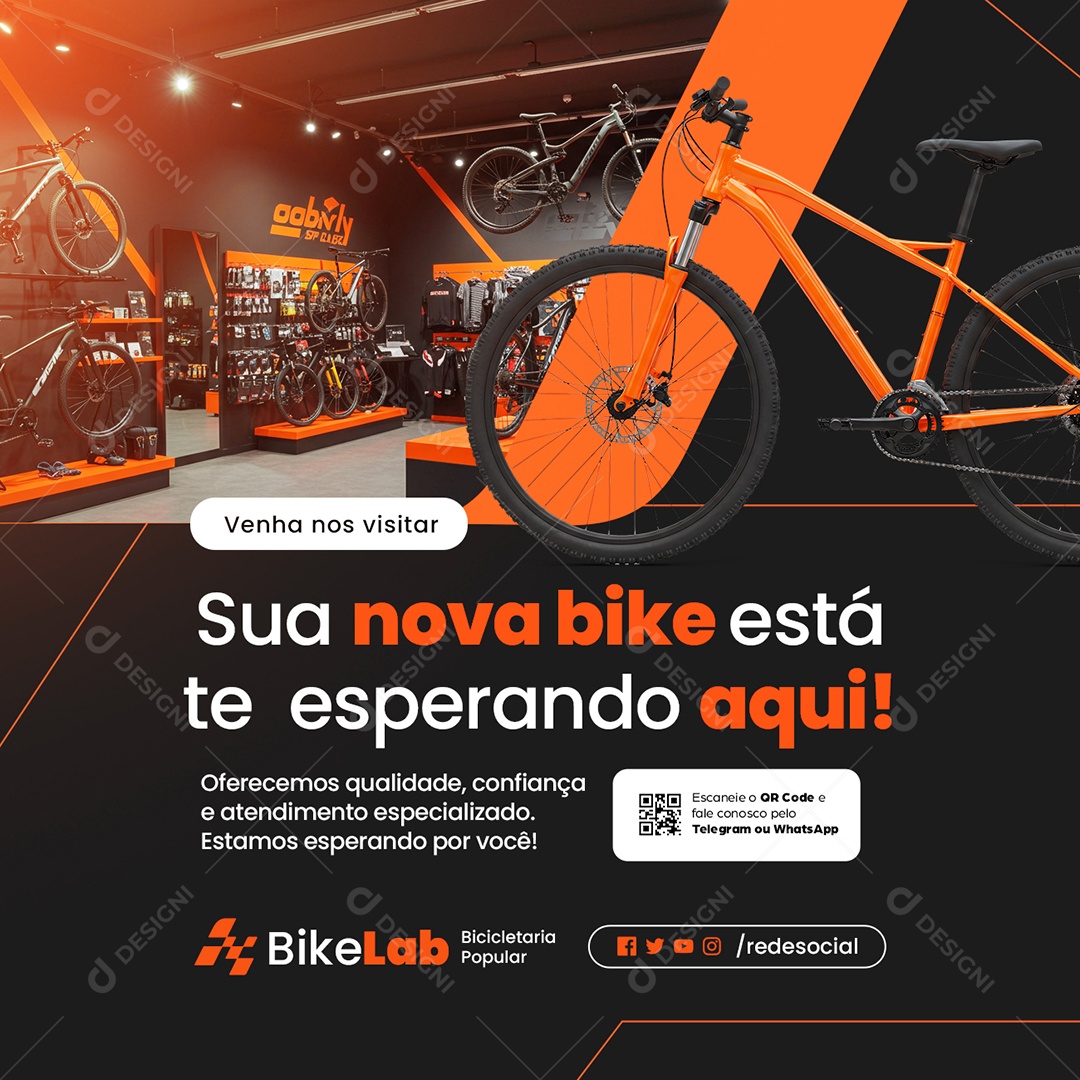 Bicicletaria Venha nos Visitar Sua Nova Bike Está Te Esperando Aqui Social Media PSD Editável