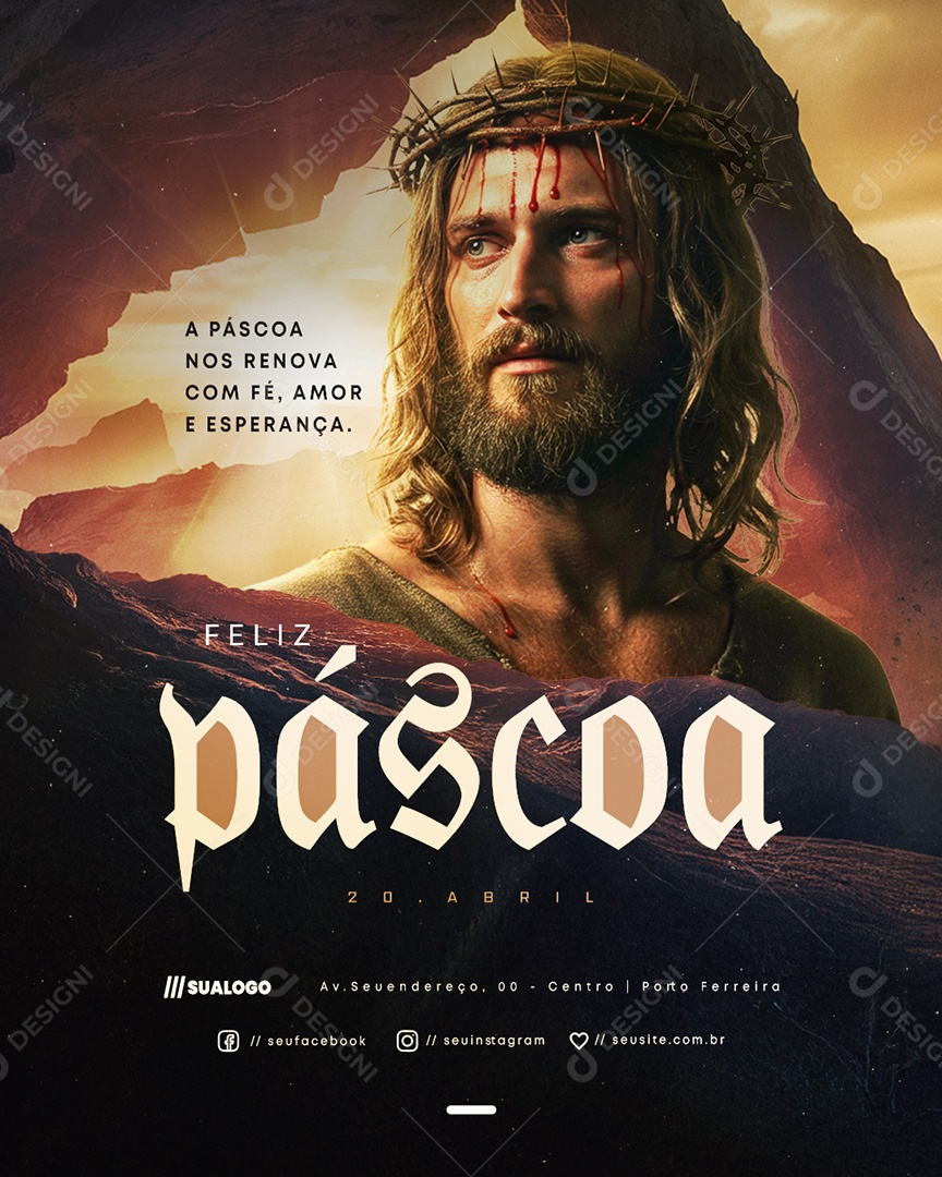 Feliz Páscoa 20 de Abril Com Fé Amor e Esperança Social Media PSD Editável