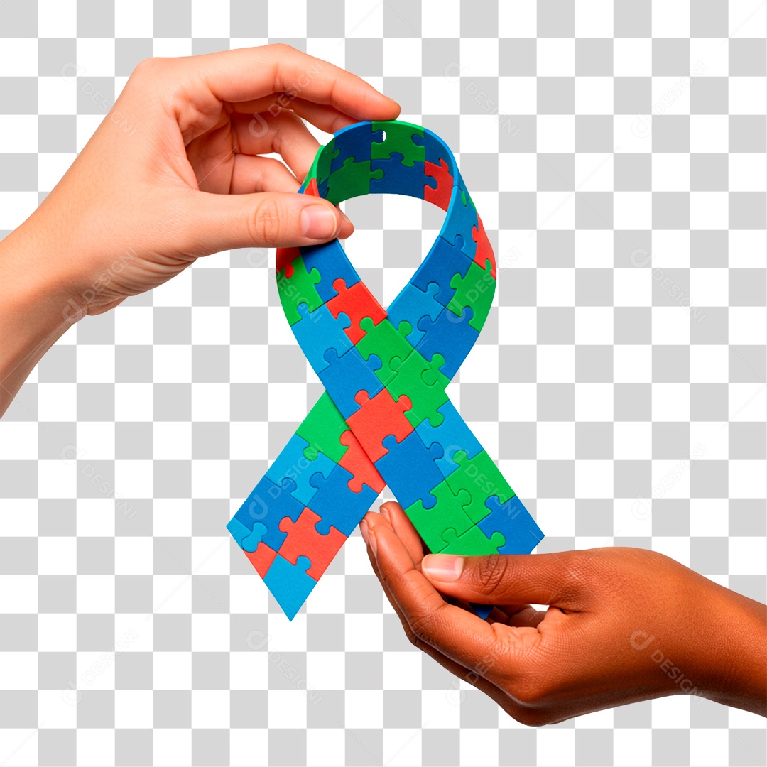 Mão Segurando Fita com Cores do Autismo PNG Transparente