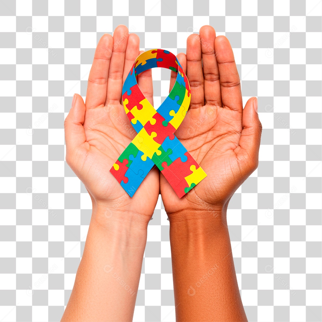 Mão Segurando Fita com Cores do Autismo PNG Transparente