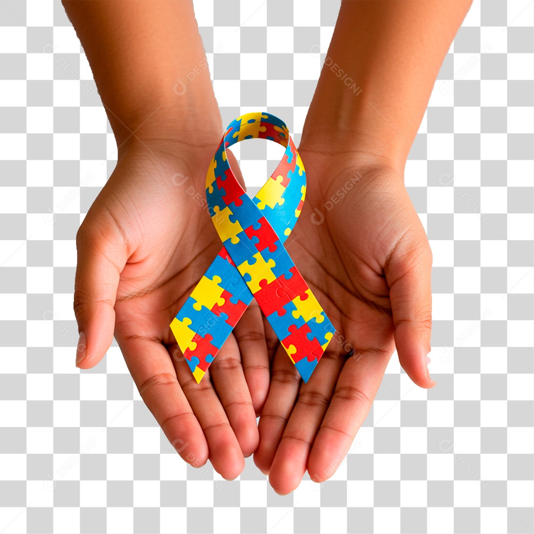 Mão Segurando Fita com Cores do Autismo PNG Transparente