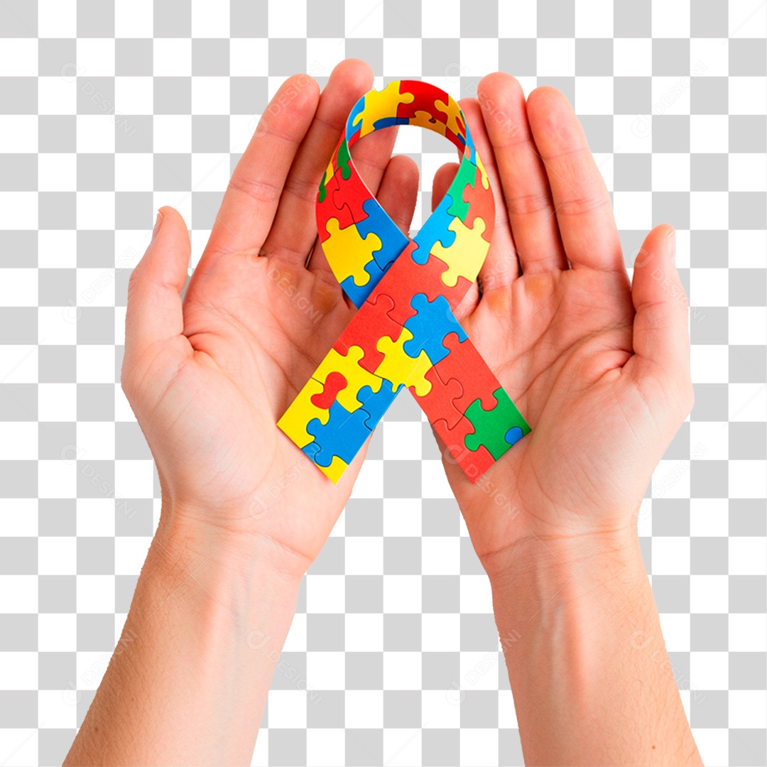 Mão Segurando Fita com Cores do Autismo PNG Transparente