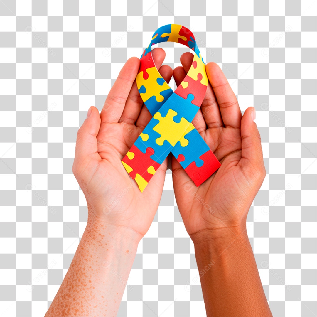 Mão Segurando Fita com Cores do Autismo PNG Transparente