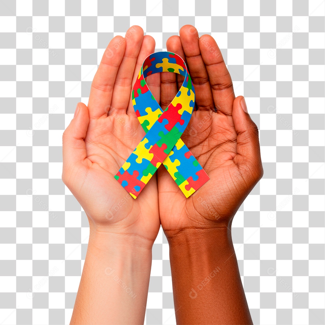 Mão Segurando Fita com Cores do Autismo PNG Transparente