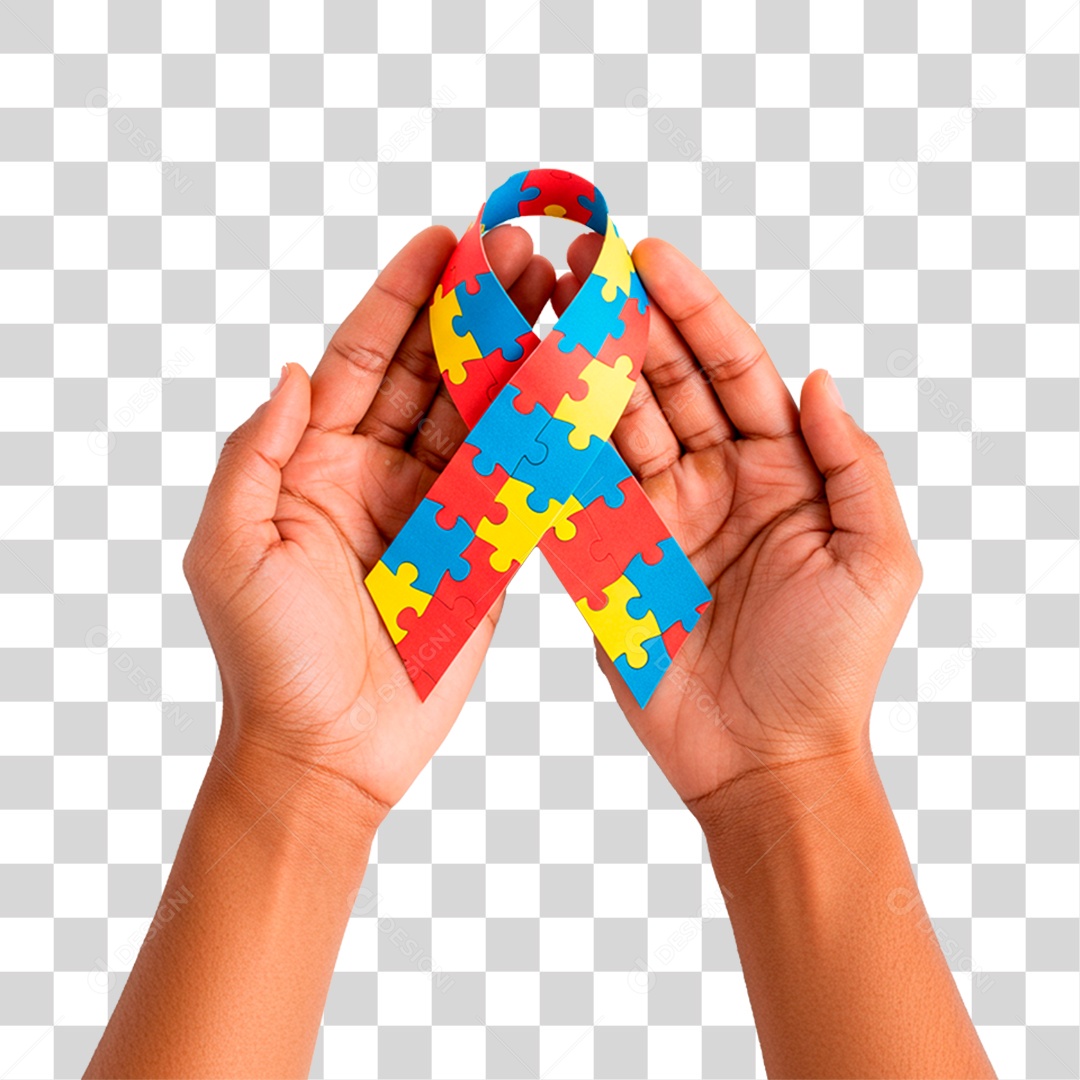 Mão Segurando Fita com Cores do Autismo PNG Transparente