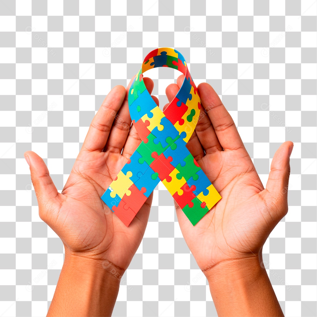 Mão Segurando Fita com Cores do Autismo PNG Transparente