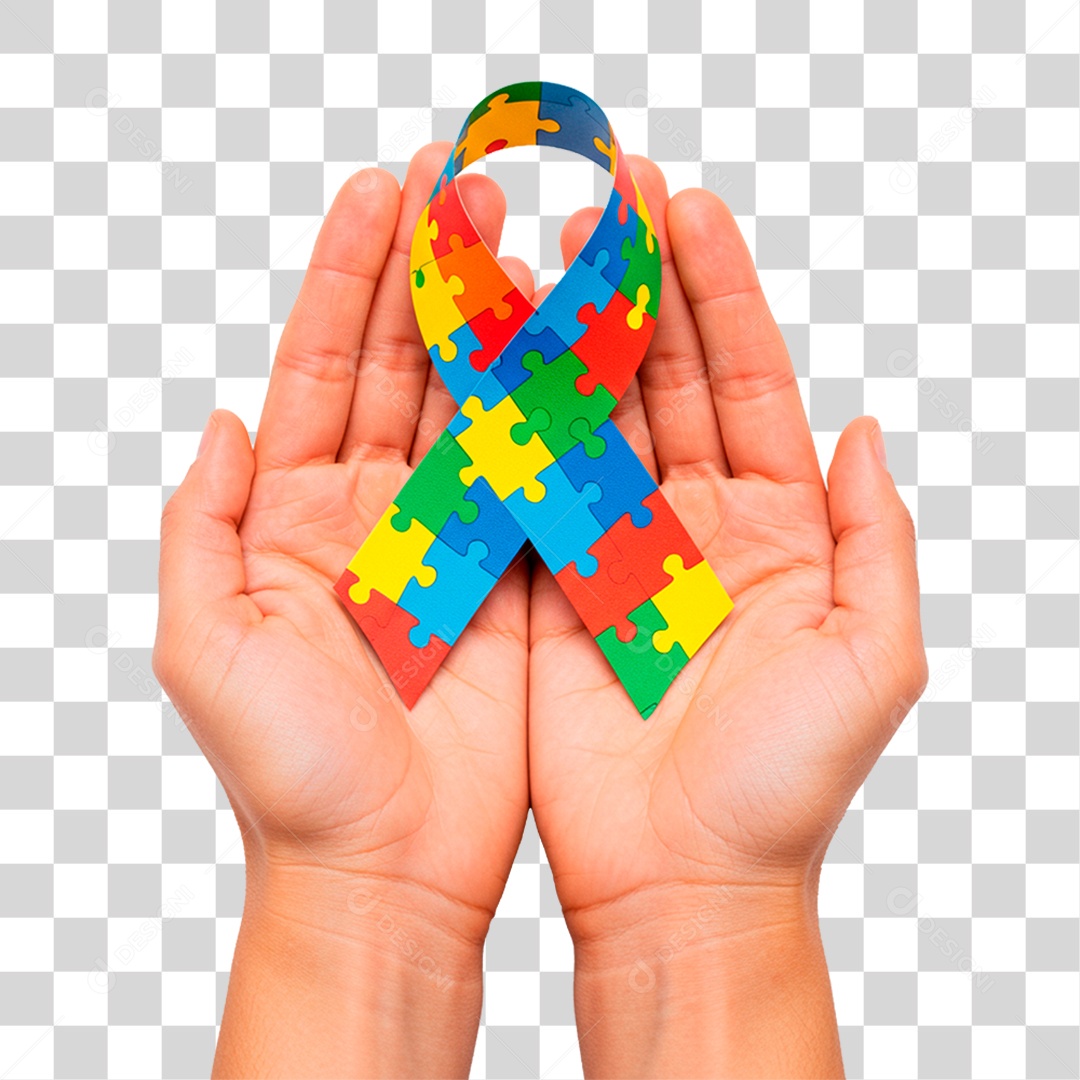 Mão Segurando Fita com Cores do Autismo PNG Transparente