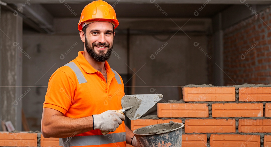 Homem jovem pedreiro sobre obra feliz
