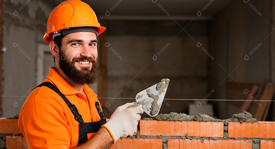 Homem jovem pedreiro sobre obra feliz