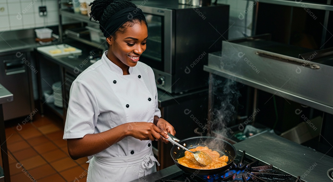 Linda mulher morena cozinheira feliz