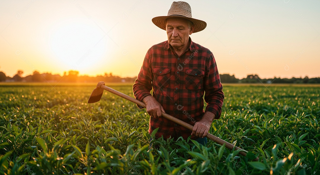Homem idoso sobre sua fazenda trabalhando segurando inchada