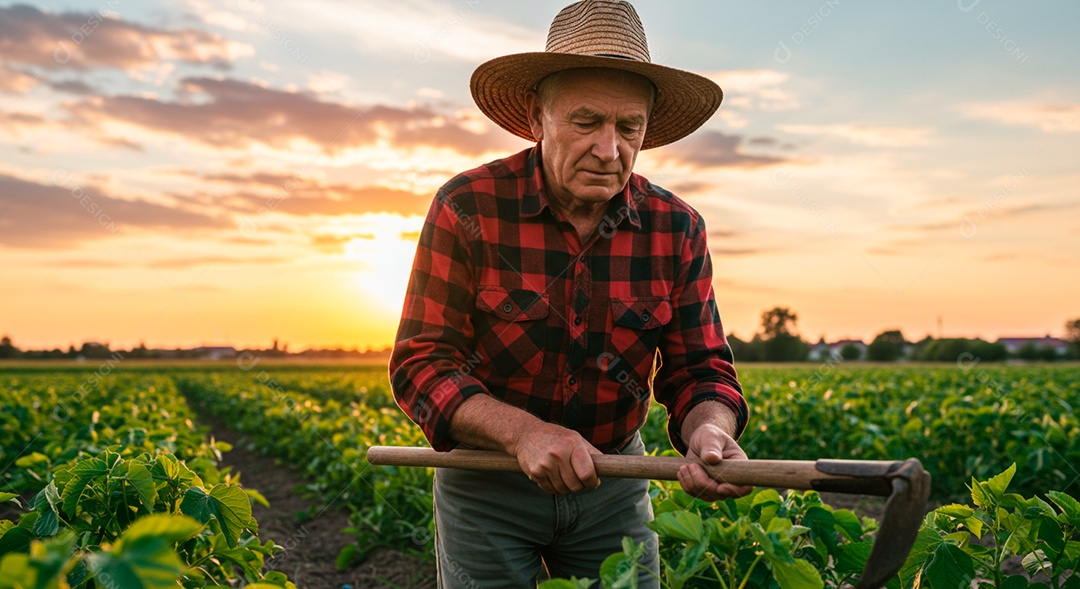 Homem idoso sobre sua fazenda trabalhando segurando inchada