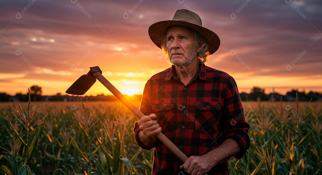 Homem idoso sobre sua fazenda trabalhando segurando inchada
