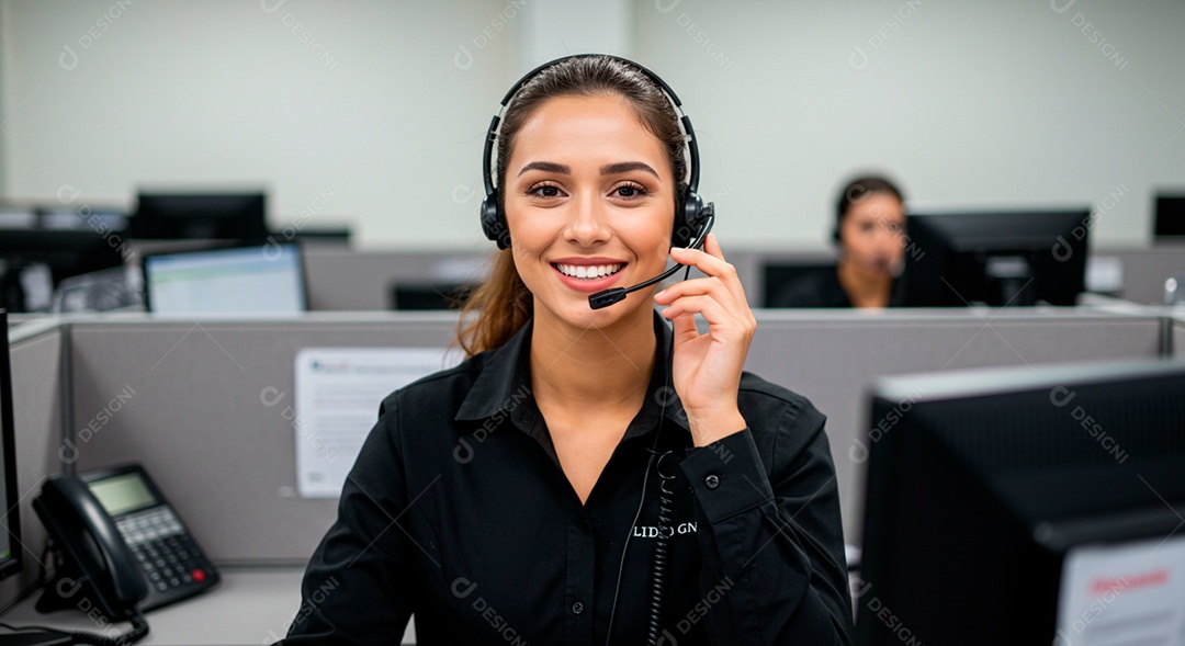 Linda mulher atendedente Telemarketing trabalhando sobre empresa