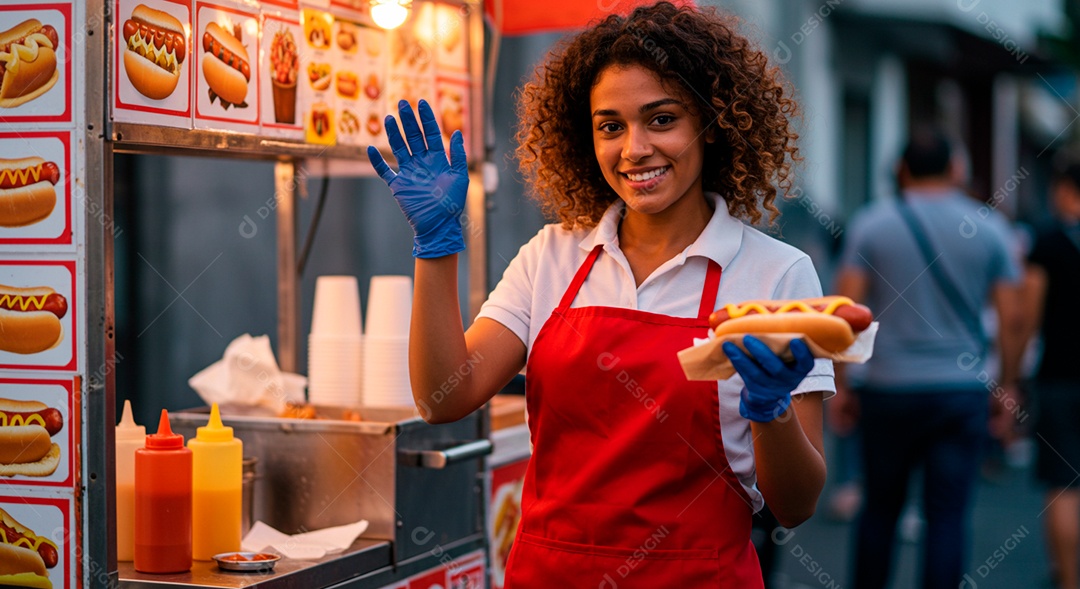 Linda mulher trabalhando no carrinho de cachorro quente sobre praça pública