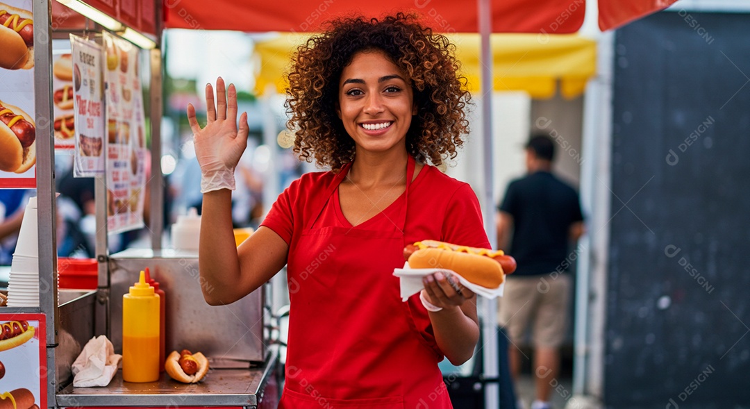 Linda mulher trabalhando no carrinho de cachorro quente sobre praça pública