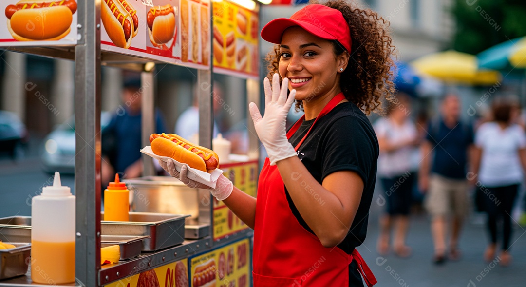 Linda mulher trabalhando no carrinho de cachorro quente sobre praça pública