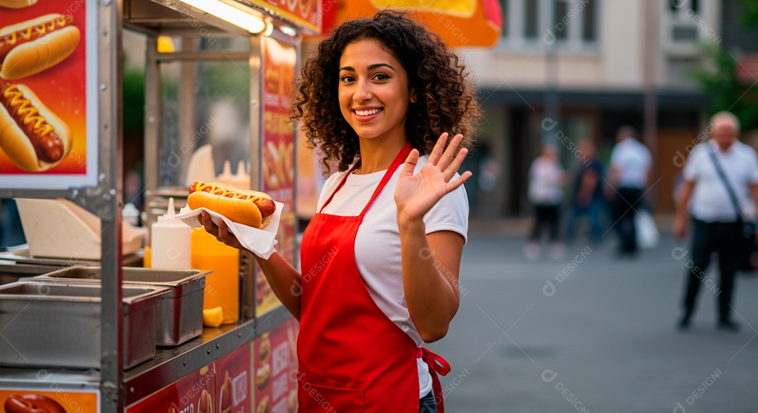 Linda mulher trabalhando no carrinho de cachorro quente sobre praça pública