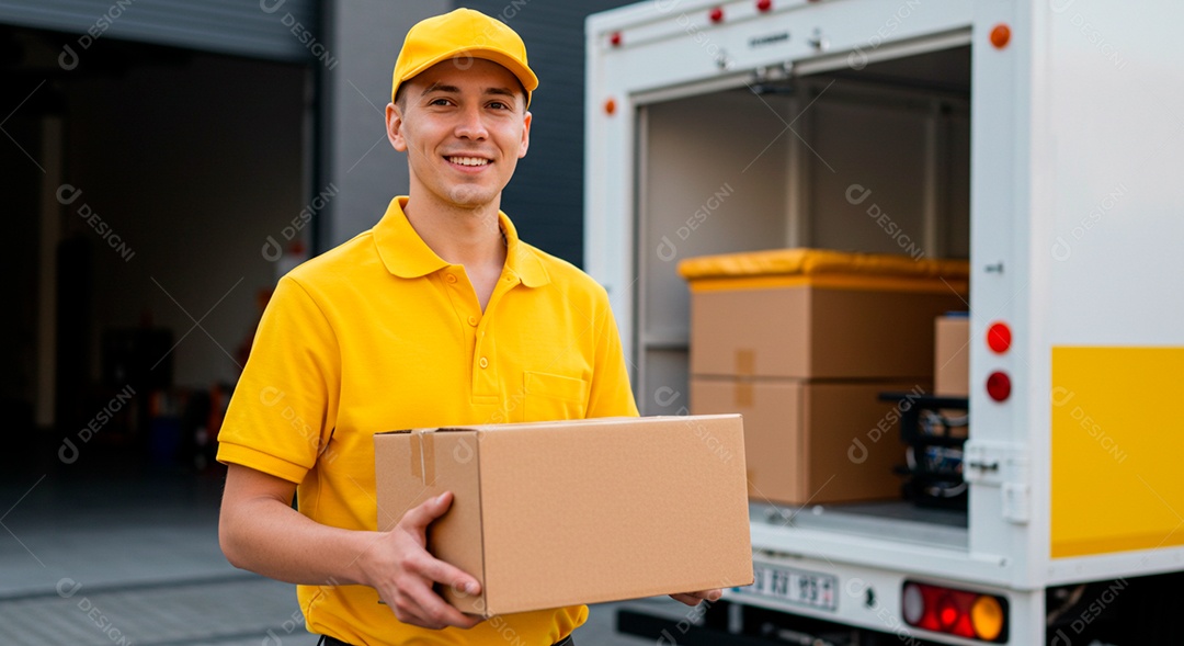Homem jovem carteiro segurando encomenda