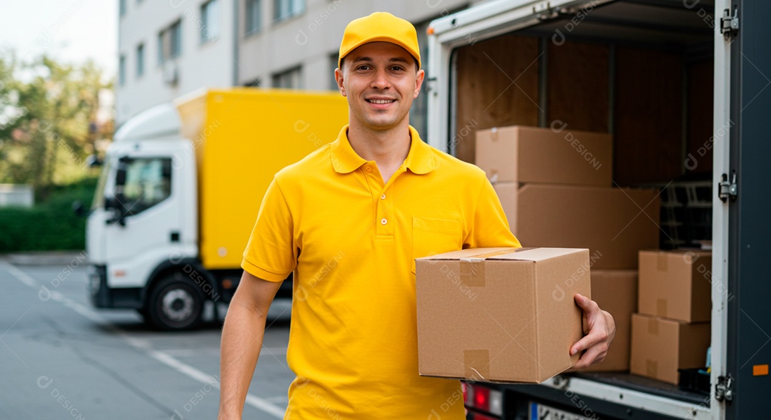 Homem jovem carteiro segurando encomenda