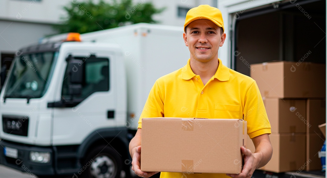 Homem jovem carteiro segurando encomenda