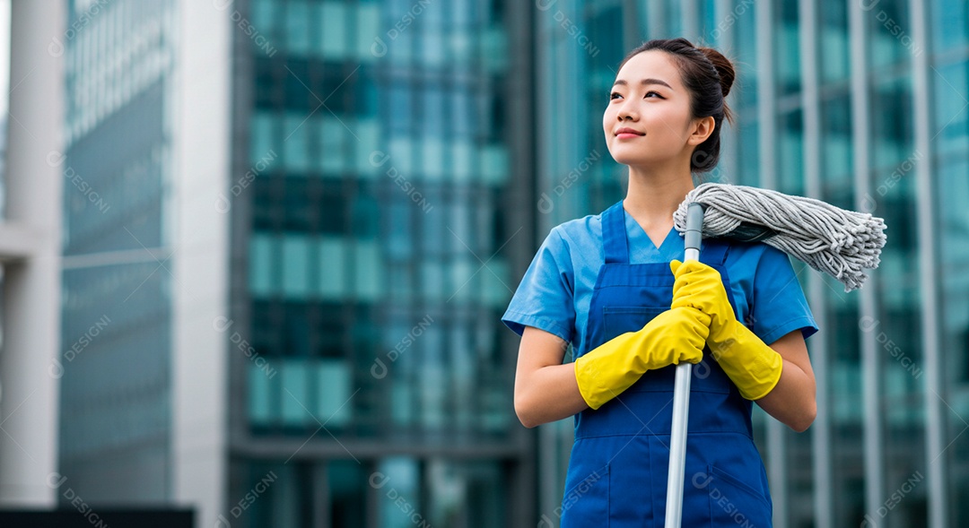 Linda mulher jovem limpando piso empregada domestica