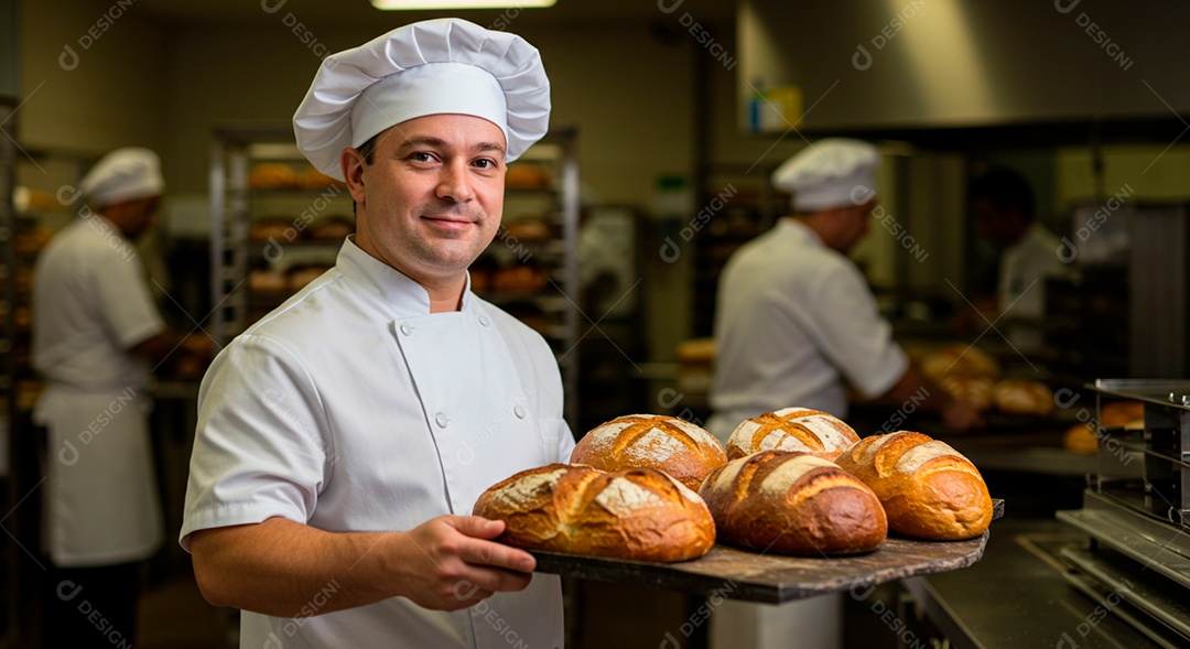 Homem jovem padeiro tirando pão do forno sobre cozinha