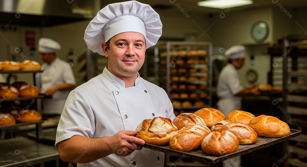 Homem jovem padeiro tirando pão do forno sobre cozinha