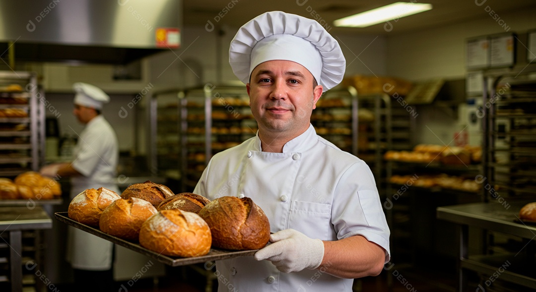 Homem jovem padeiro tirando pão do forno sobre cozinha