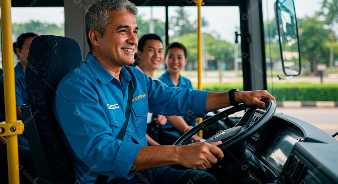 Homem meia idade dirigindo ônibus